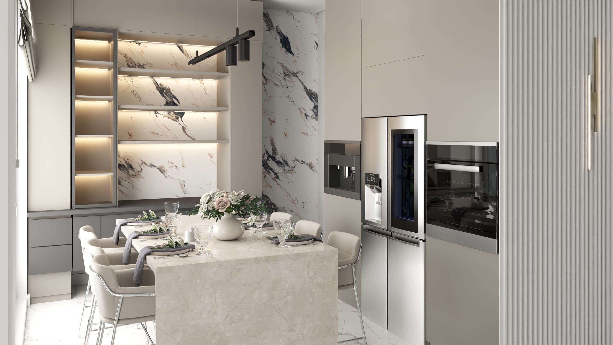 Luxury kitchen renovation with marble walls and elegant dining setup
