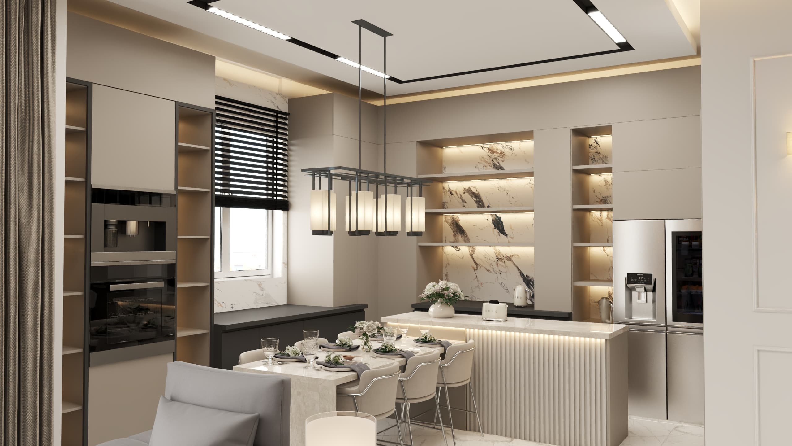 Modern luxury kitchen renovation with marble backsplash and ambient lighting