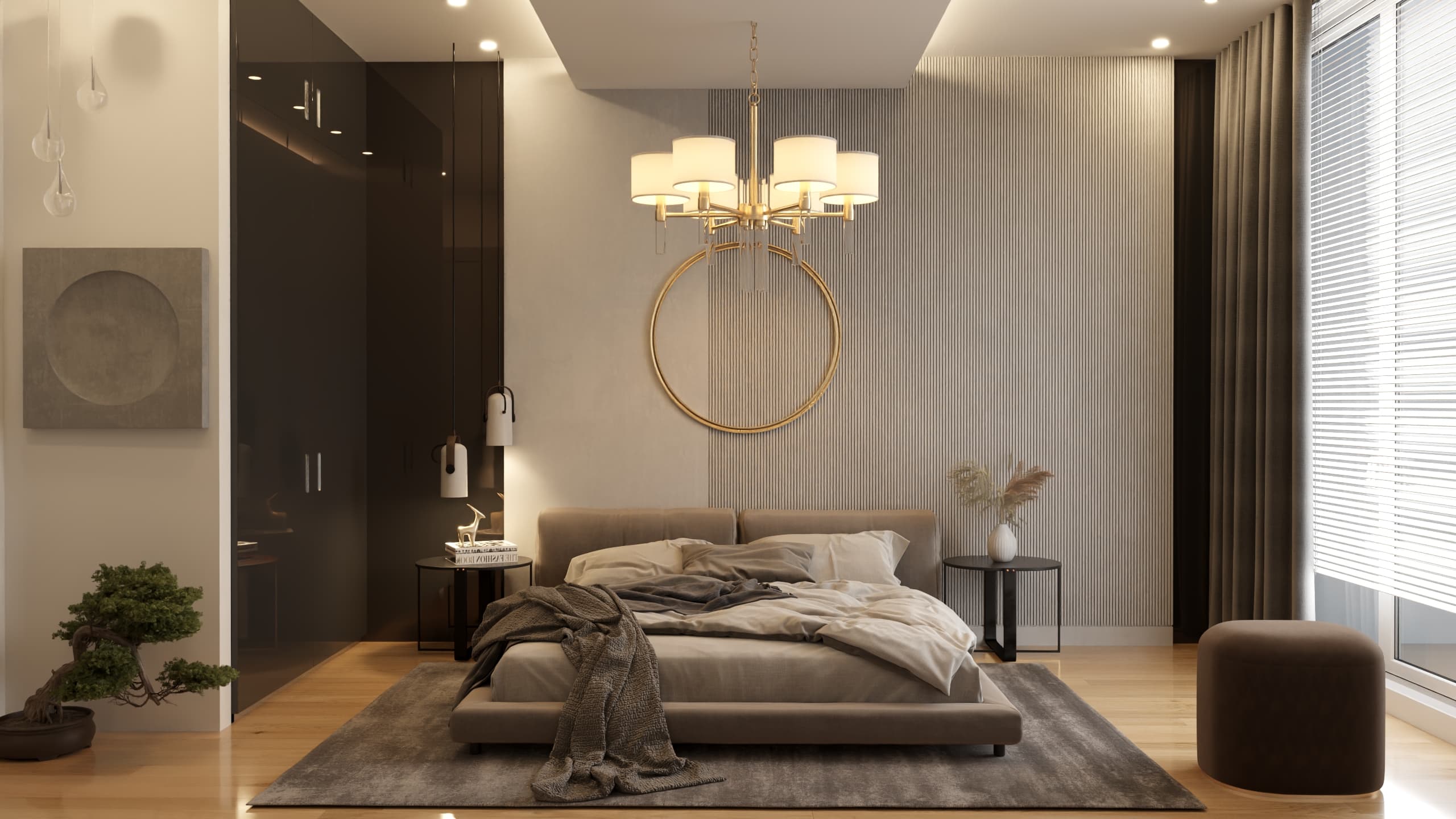 Modern master bedroom renovation with elegant chandelier and refined finishes